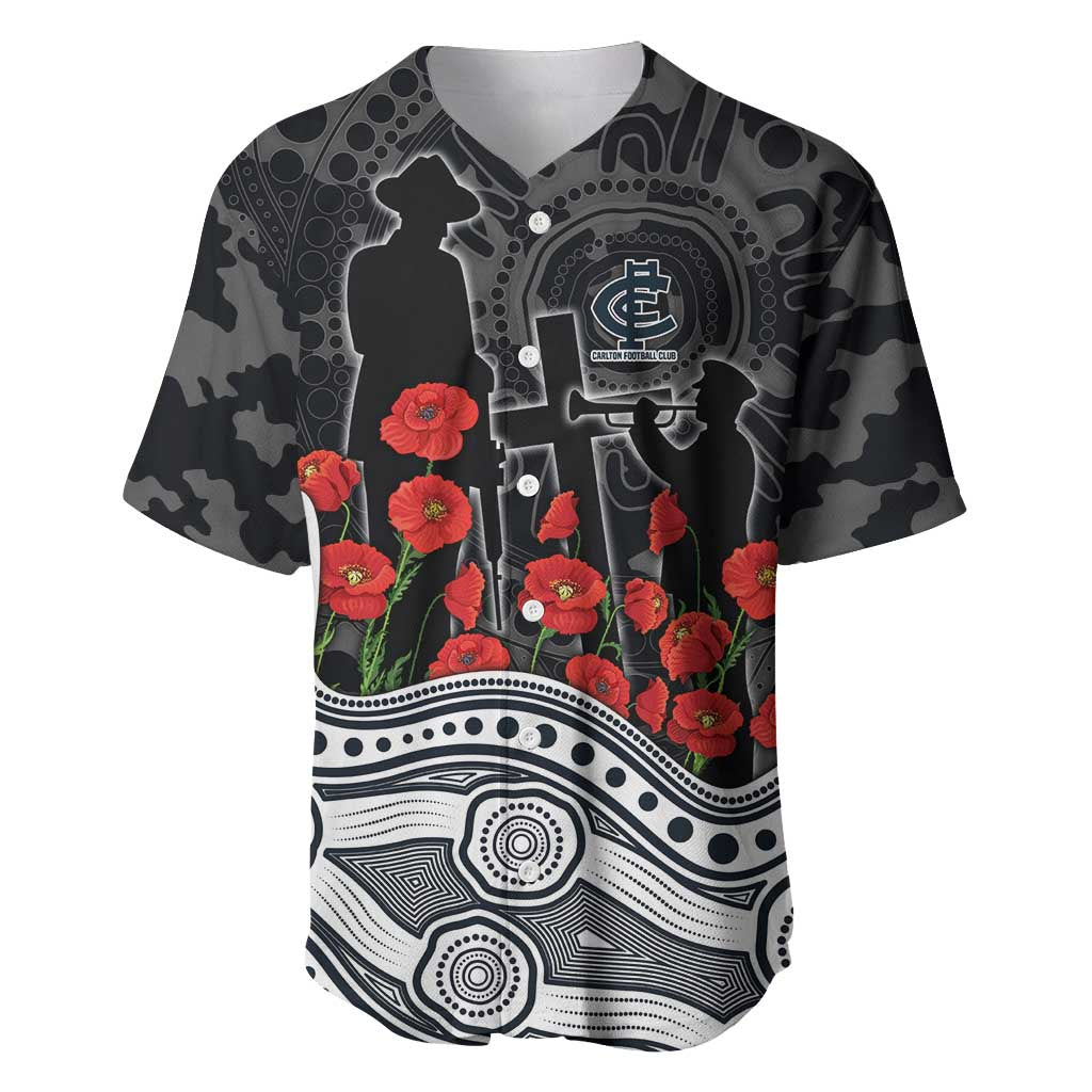 Carlton Blues ANZAC Day Baseball Jersey Indigenous Dot Art with Poppy Flower Tribute