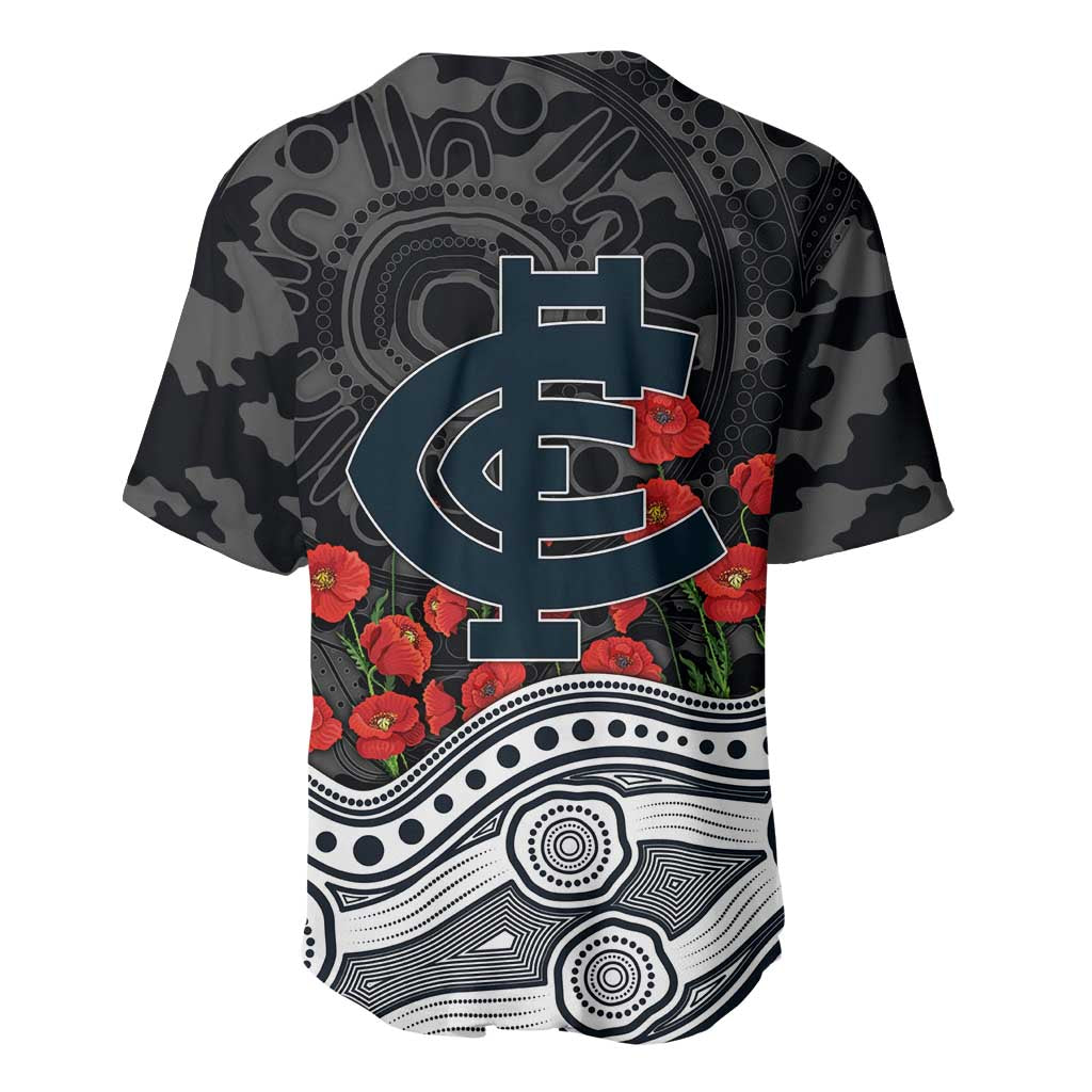 Carlton Blues ANZAC Day Baseball Jersey Indigenous Dot Art with Poppy Flower Tribute