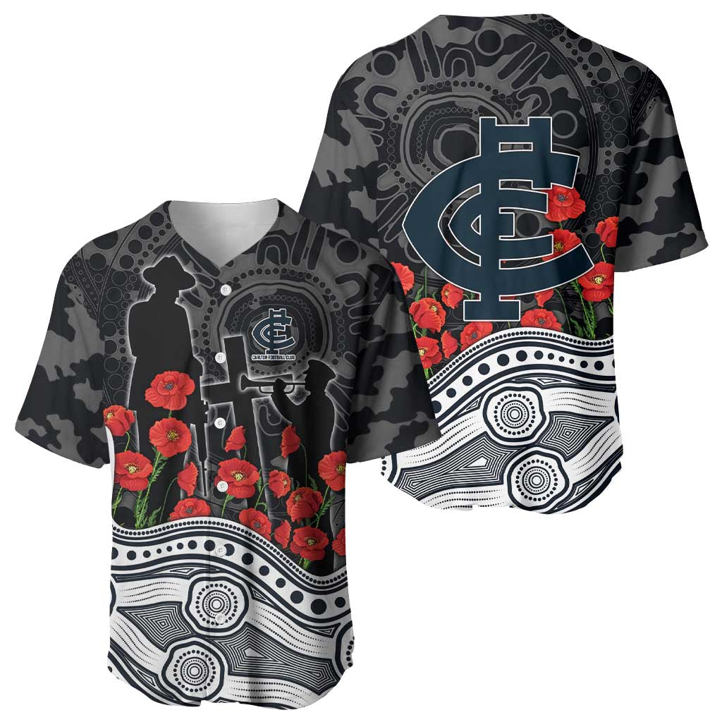 Carlton Blues ANZAC Day Baseball Jersey Indigenous Dot Art with Poppy Flower Tribute