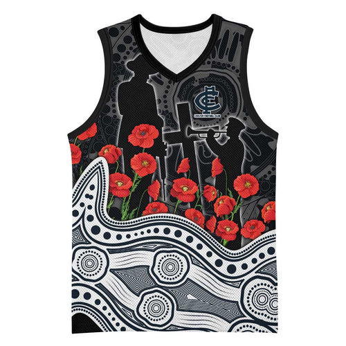 Carlton Blues ANZAC Day Basketball Jersey Indigenous Dot Art with Poppy Flower Tribute