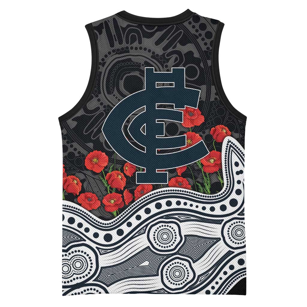 Carlton Blues ANZAC Day Basketball Jersey Indigenous Dot Art with Poppy Flower Tribute