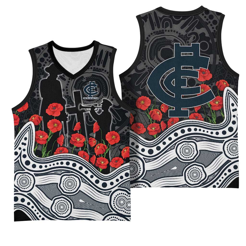 Carlton Blues ANZAC Day Basketball Jersey Indigenous Dot Art with Poppy Flower Tribute