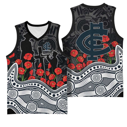 Carlton Blues ANZAC Day Basketball Jersey Indigenous Dot Art with Poppy Flower Tribute