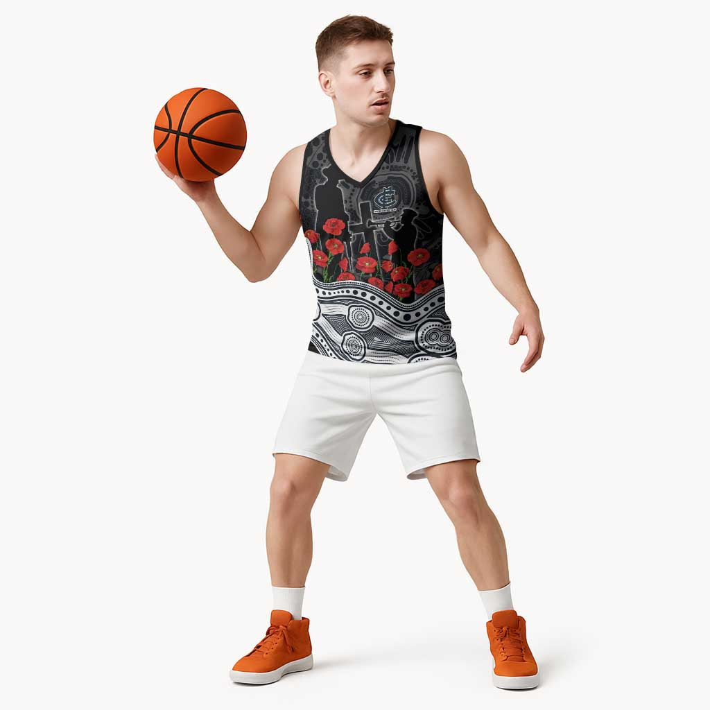 Carlton Blues ANZAC Day Basketball Jersey Indigenous Dot Art with Poppy Flower Tribute