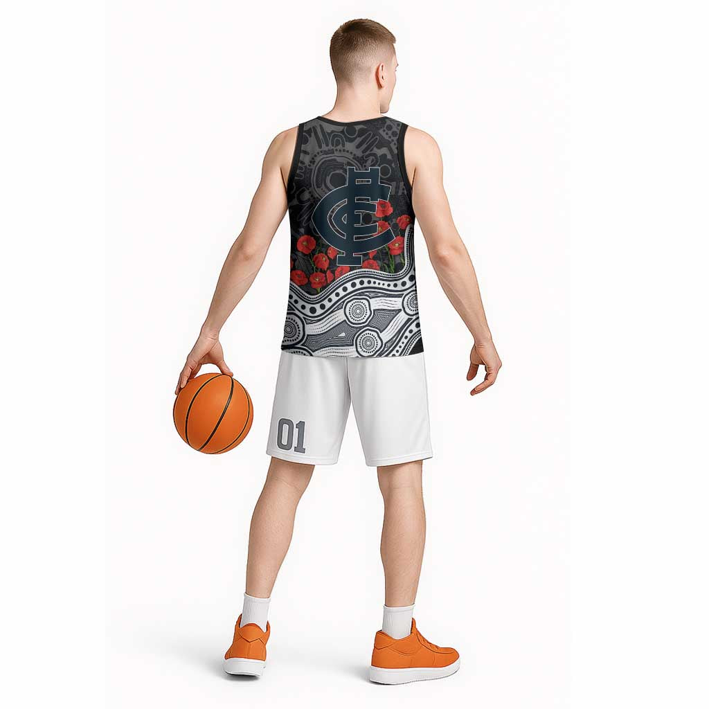 Carlton Blues ANZAC Day Basketball Jersey Indigenous Dot Art with Poppy Flower Tribute