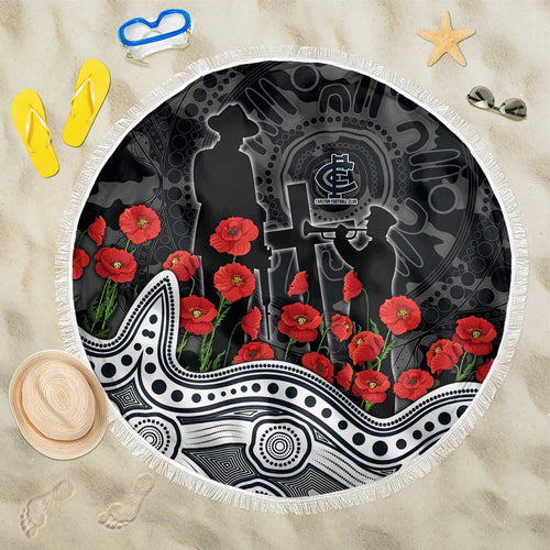Carlton Blues ANZAC Day Beach Blanket Indigenous Dot Art with Poppy Flower Tribute