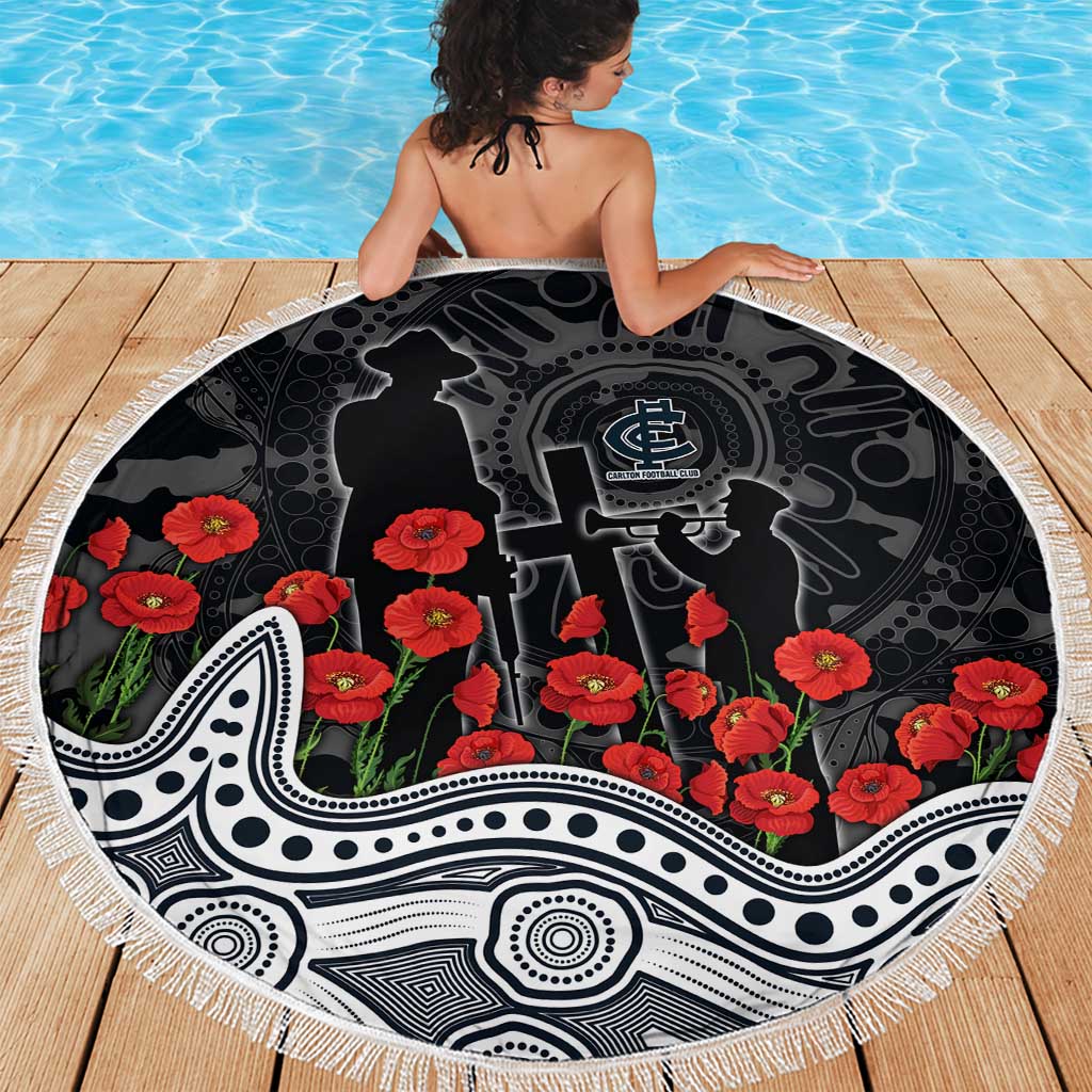 Carlton Blues ANZAC Day Beach Blanket Indigenous Dot Art with Poppy Flower Tribute