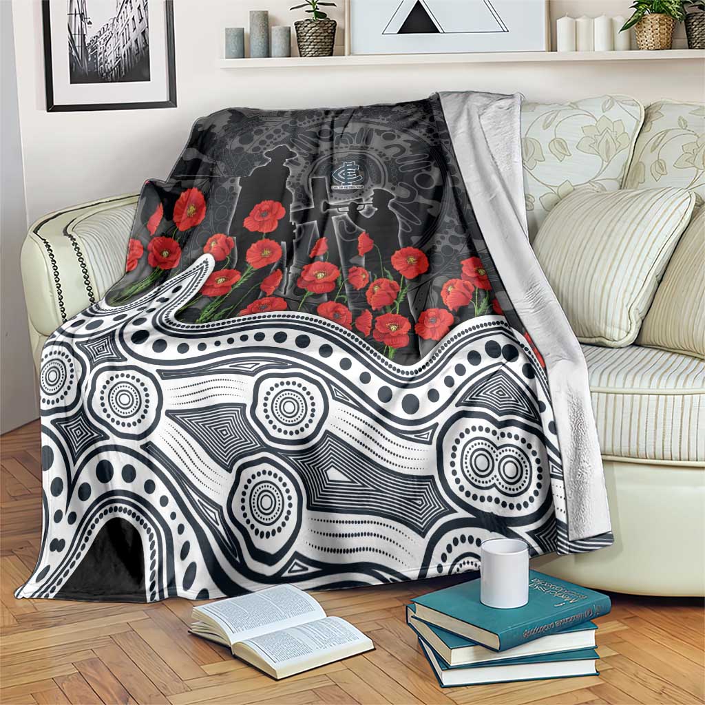 Carlton Blues ANZAC Day Blanket Indigenous Dot Art with Poppy Flower Tribute