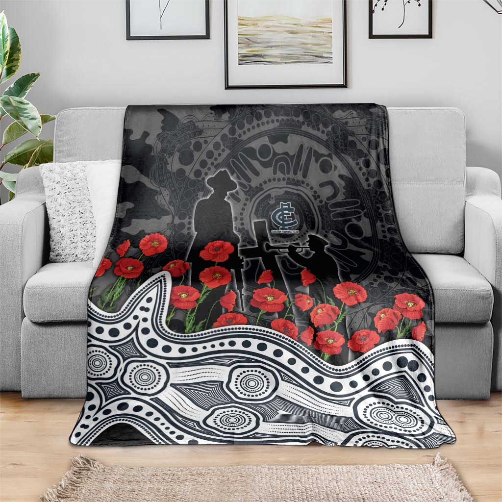 Carlton Blues ANZAC Day Blanket Indigenous Dot Art with Poppy Flower Tribute