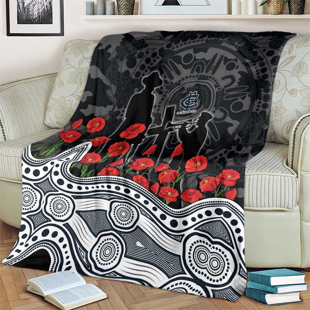 Carlton Blues ANZAC Day Blanket Indigenous Dot Art with Poppy Flower Tribute