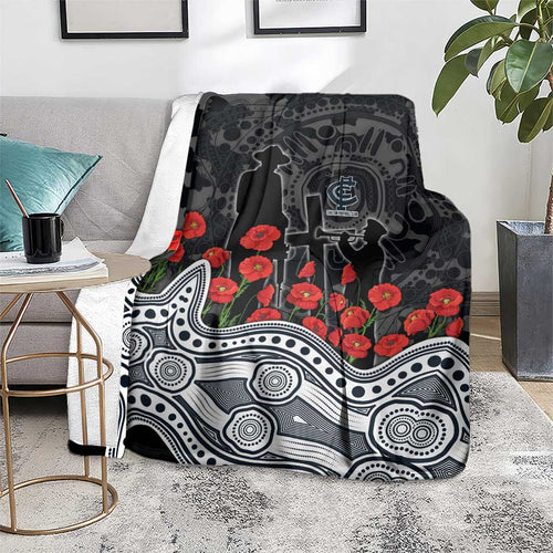 Carlton Blues ANZAC Day Blanket Indigenous Dot Art with Poppy Flower Tribute