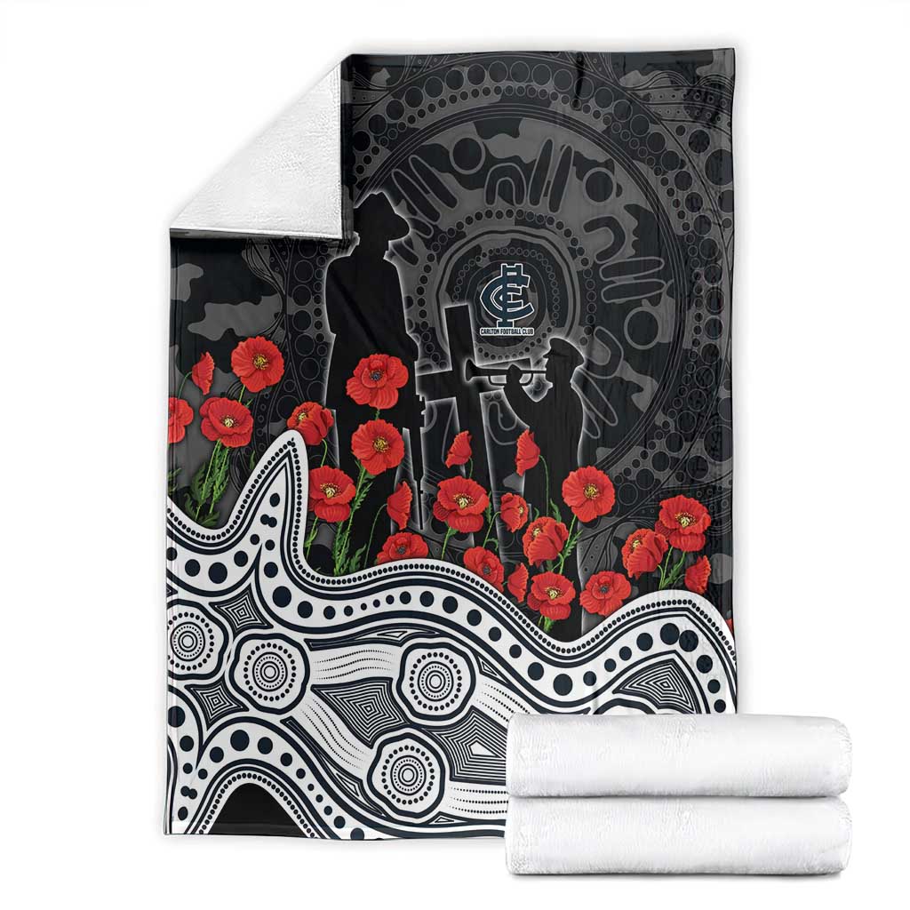 Carlton Blues ANZAC Day Blanket Indigenous Dot Art with Poppy Flower Tribute