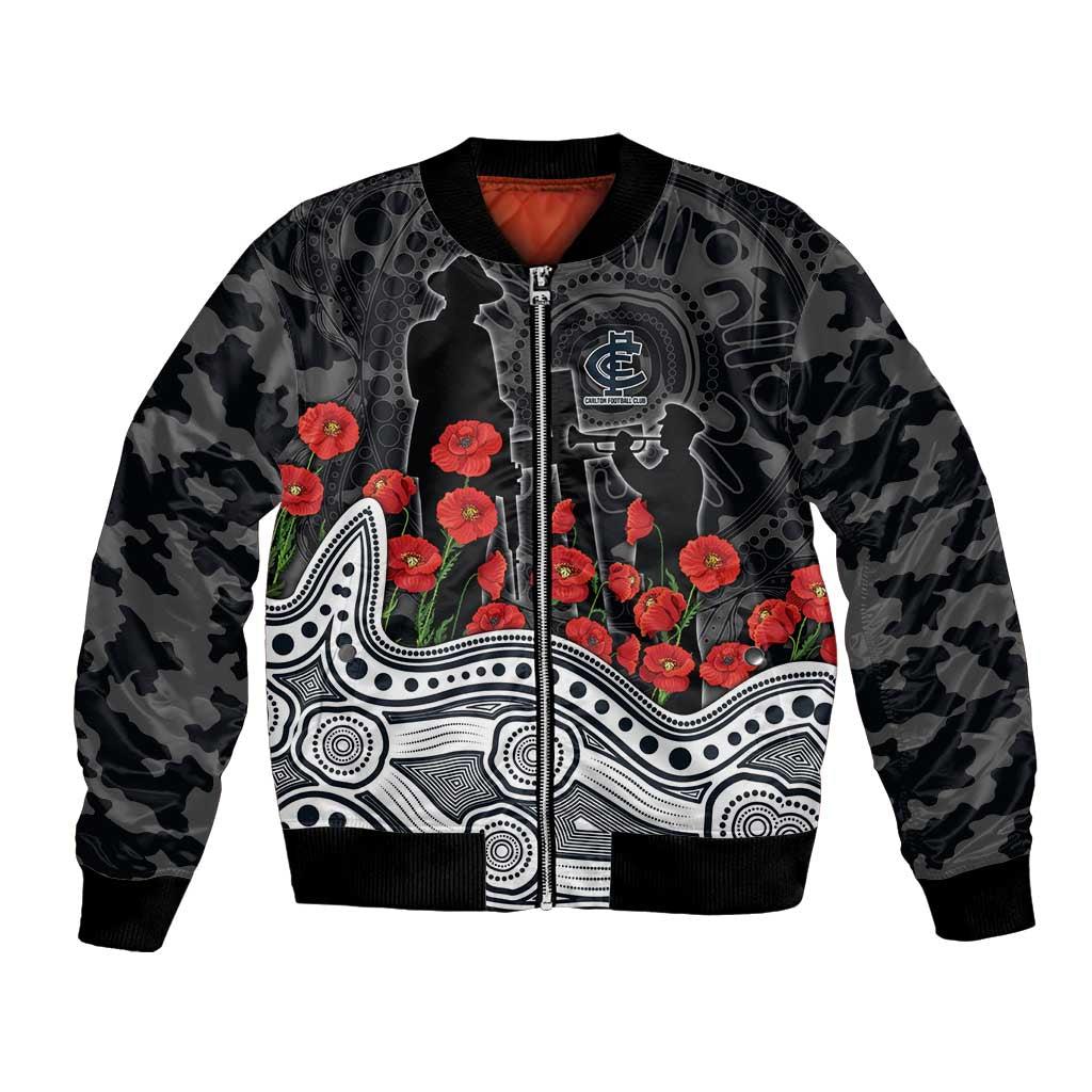Carlton Blues ANZAC Day Bomber Jacket Indigenous Dot Art with Poppy Flower Tribute