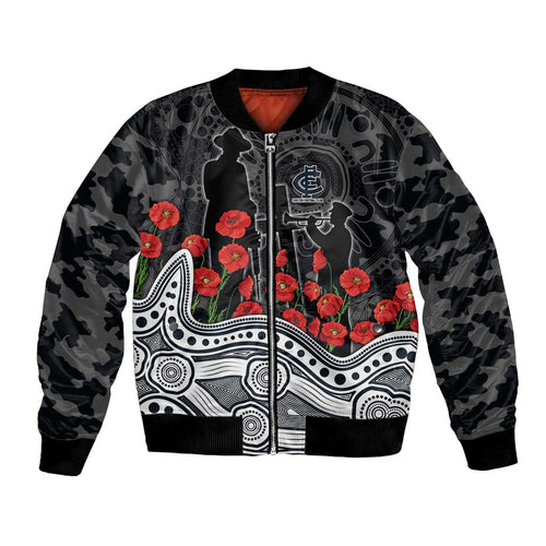 Carlton Blues ANZAC Day Bomber Jacket Indigenous Dot Art with Poppy Flower Tribute