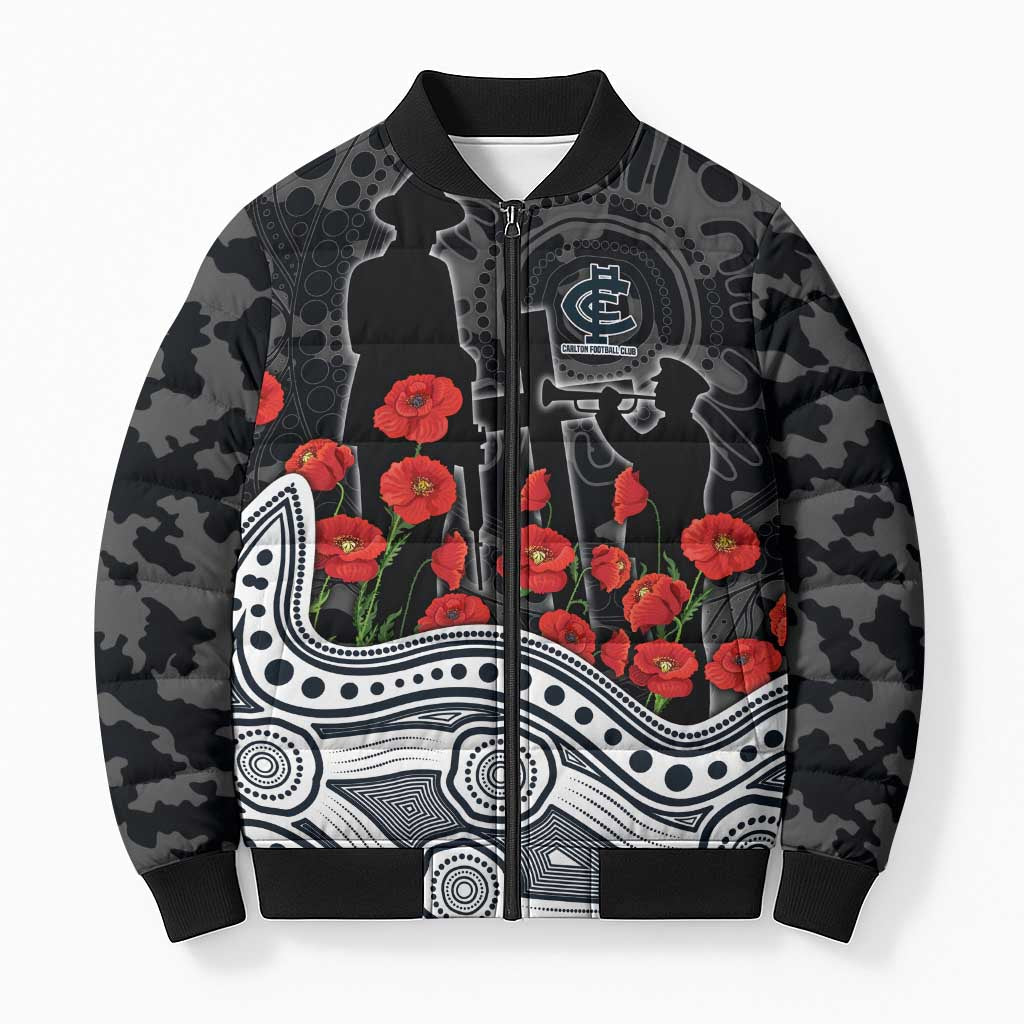 Carlton Blues ANZAC Day Bomber Puffer Jacket Indigenous Dot Art with Poppy Flower Tribute