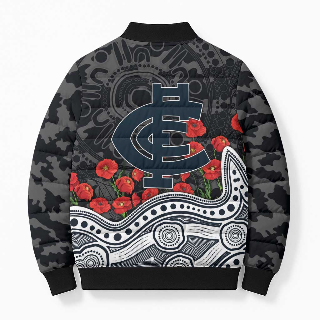 Carlton Blues ANZAC Day Bomber Puffer Jacket Indigenous Dot Art with Poppy Flower Tribute