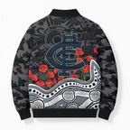 Carlton Blues ANZAC Day Bomber Puffer Jacket Indigenous Dot Art with Poppy Flower Tribute