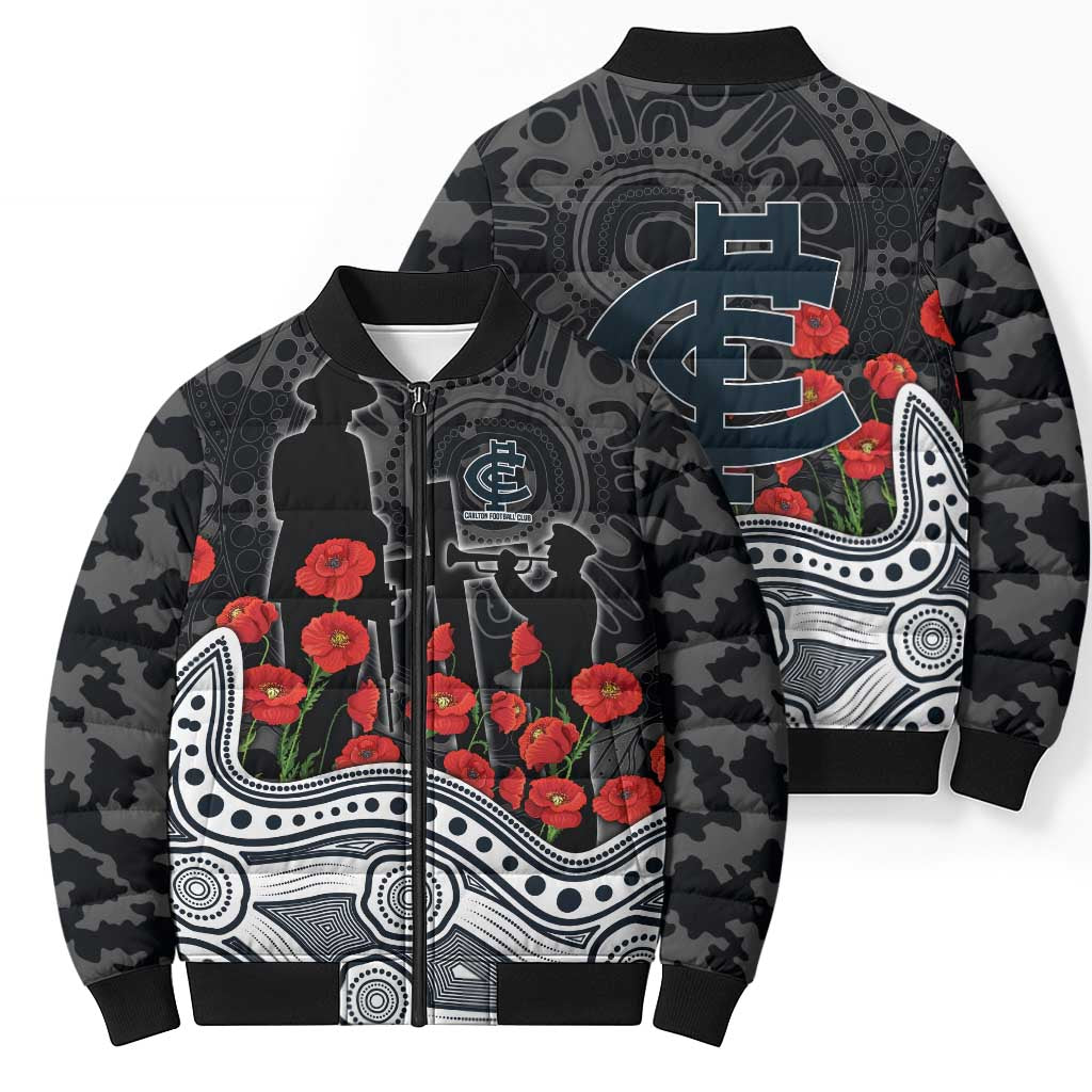 Carlton Blues ANZAC Day Bomber Puffer Jacket Indigenous Dot Art with Poppy Flower Tribute