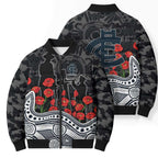 Carlton Blues ANZAC Day Bomber Puffer Jacket Indigenous Dot Art with Poppy Flower Tribute