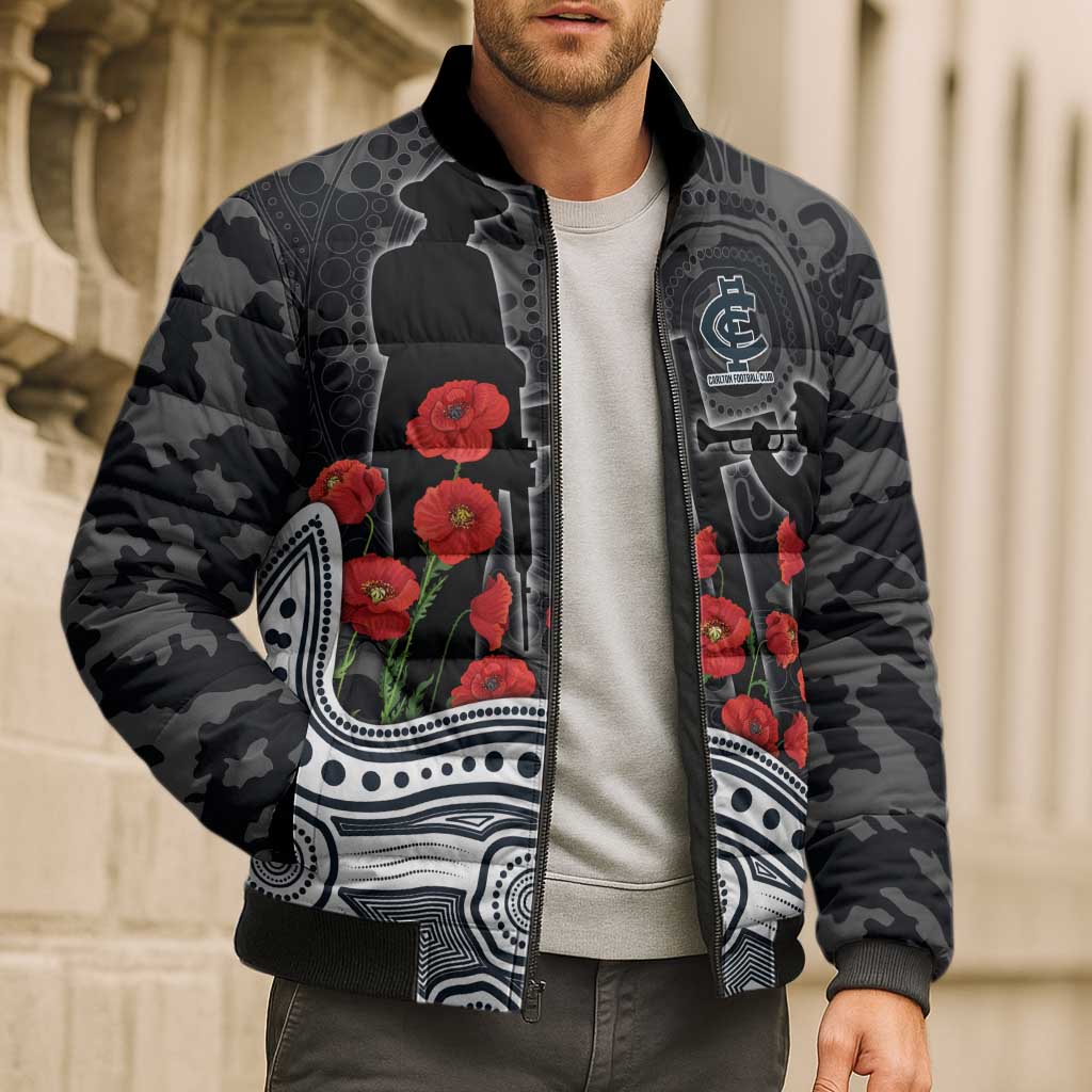 Carlton Blues ANZAC Day Bomber Puffer Jacket Indigenous Dot Art with Poppy Flower Tribute
