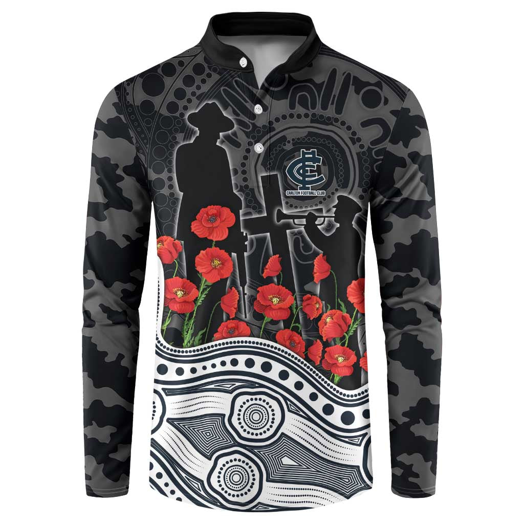 Carlton Blues ANZAC Day Button Sweatshirt Indigenous Dot Art with Poppy Flower Tribute