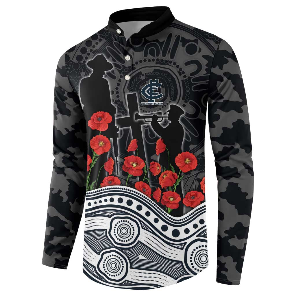 Carlton Blues ANZAC Day Button Sweatshirt Indigenous Dot Art with Poppy Flower Tribute