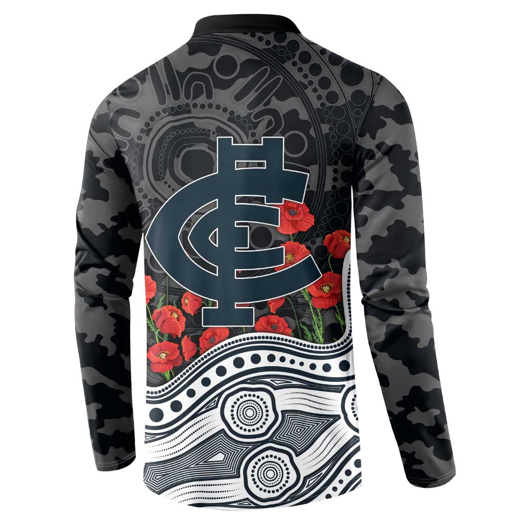 Carlton Blues ANZAC Day Button Sweatshirt Indigenous Dot Art with Poppy Flower Tribute