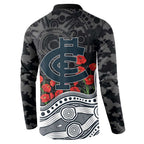 Carlton Blues ANZAC Day Button Sweatshirt Indigenous Dot Art with Poppy Flower Tribute