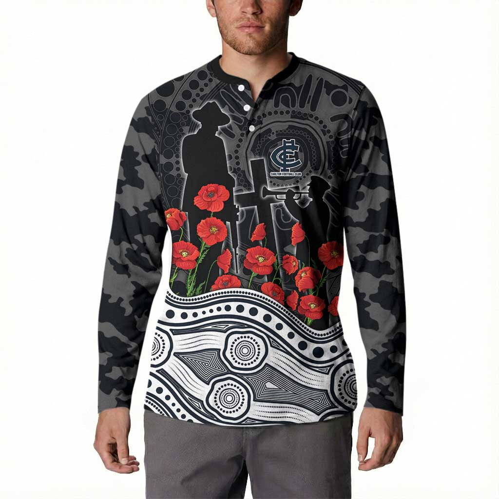 Carlton Blues ANZAC Day Button Sweatshirt Indigenous Dot Art with Poppy Flower Tribute