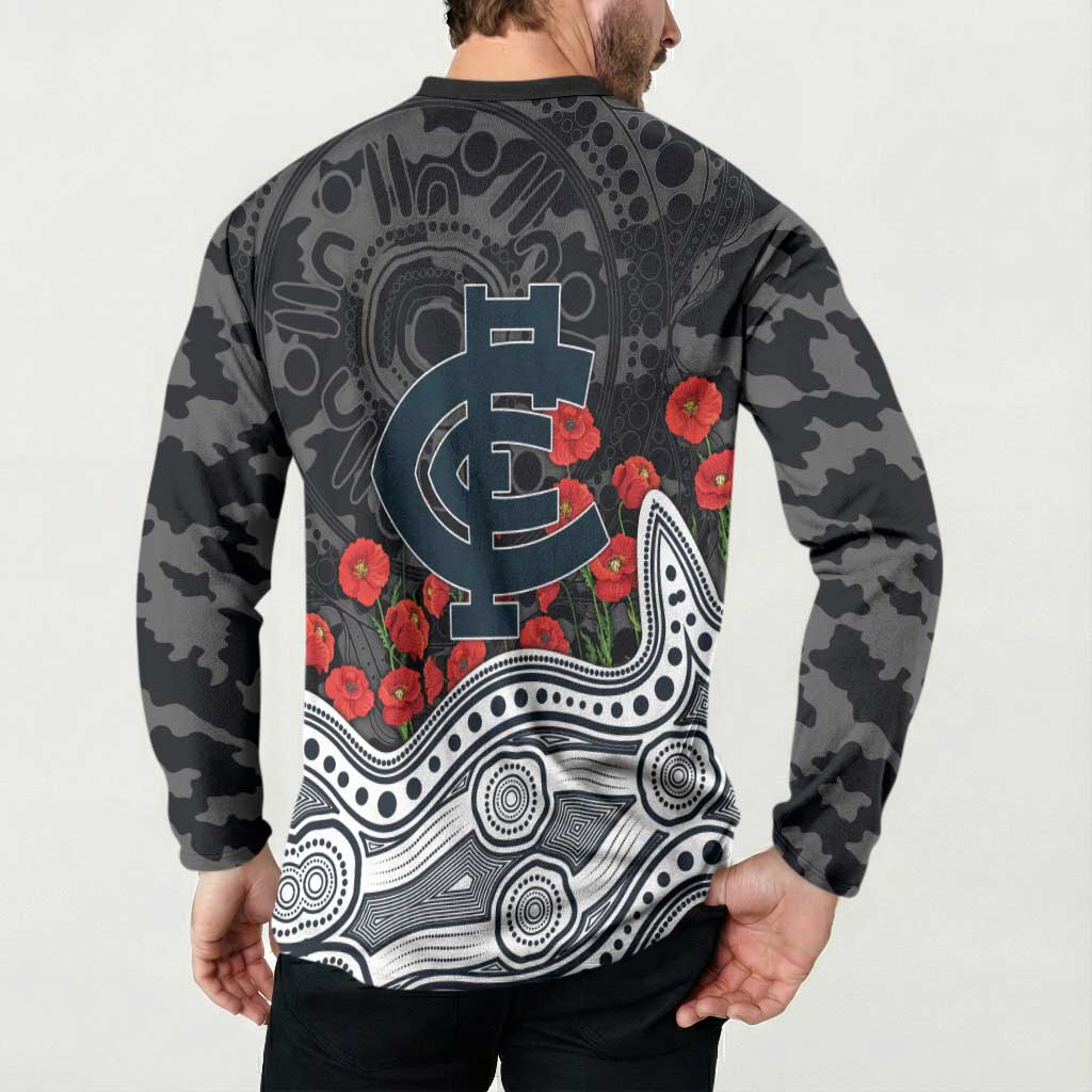 Carlton Blues ANZAC Day Button Sweatshirt Indigenous Dot Art with Poppy Flower Tribute