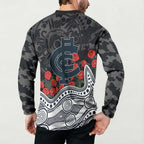 Carlton Blues ANZAC Day Button Sweatshirt Indigenous Dot Art with Poppy Flower Tribute