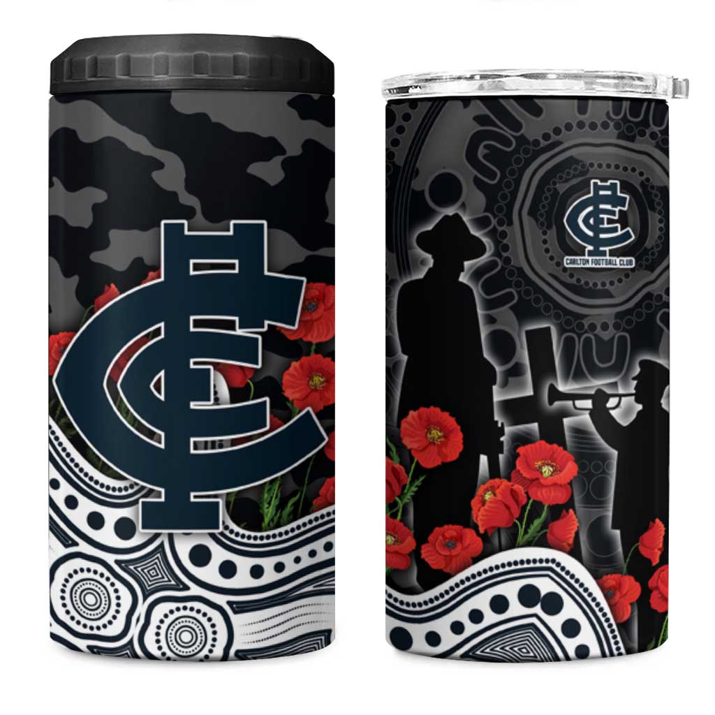 Carlton Blues ANZAC Day 4 in 1 Can Cooler Tumbler Indigenous Dot Art with Poppy Flower Tribute