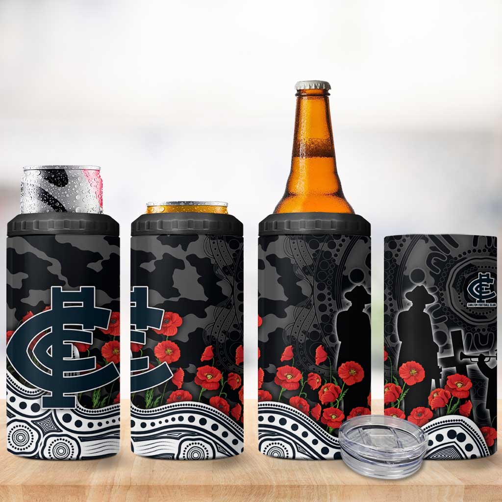 Carlton Blues ANZAC Day 4 in 1 Can Cooler Tumbler Indigenous Dot Art with Poppy Flower Tribute