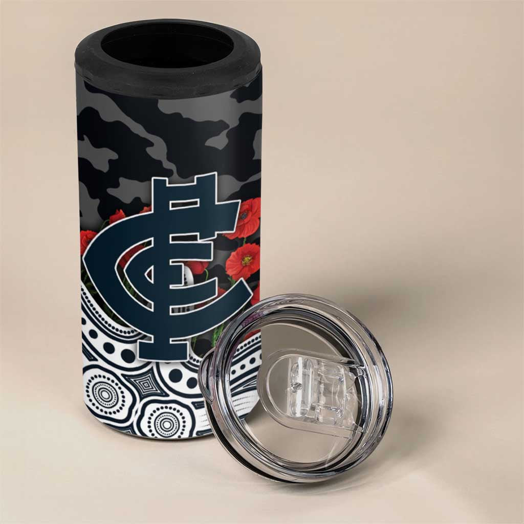 Carlton Blues ANZAC Day 4 in 1 Can Cooler Tumbler Indigenous Dot Art with Poppy Flower Tribute