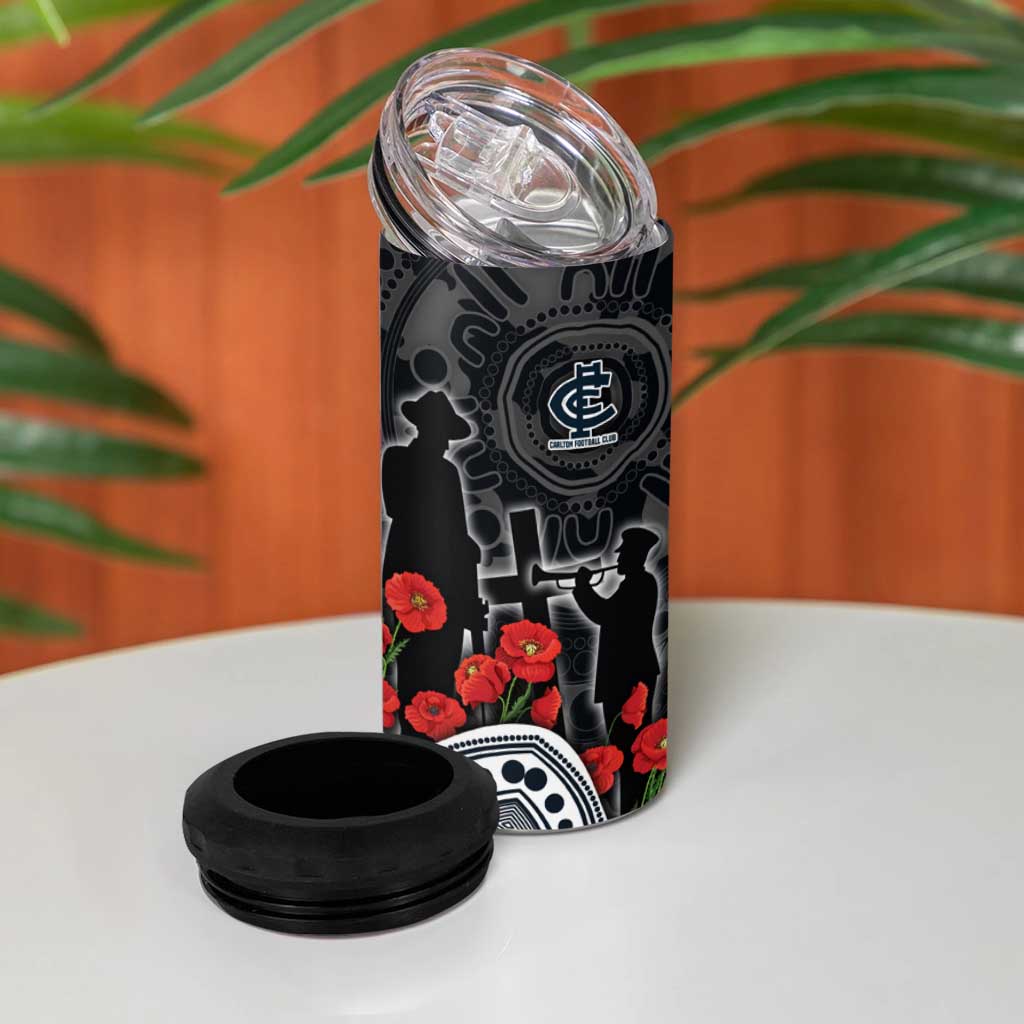 Carlton Blues ANZAC Day 4 in 1 Can Cooler Tumbler Indigenous Dot Art with Poppy Flower Tribute