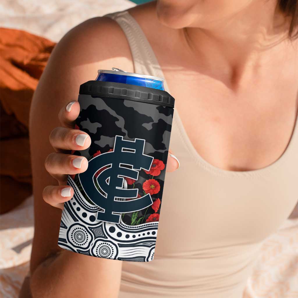 Carlton Blues ANZAC Day 4 in 1 Can Cooler Tumbler Indigenous Dot Art with Poppy Flower Tribute