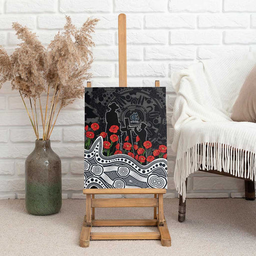 Carlton Blues ANZAC Day Canvas Wall Art Indigenous Dot Art with Poppy Flower Tribute