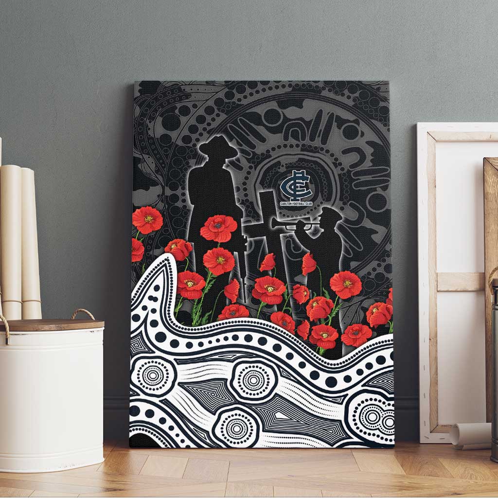 Carlton Blues ANZAC Day Canvas Wall Art Indigenous Dot Art with Poppy Flower Tribute