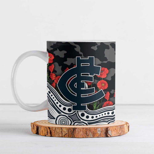 Carlton Blues ANZAC Day Ceramic Mug Indigenous Dot Art with Poppy Flower Tribute