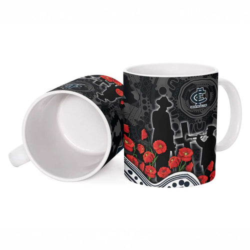 Carlton Blues ANZAC Day Ceramic Mug Indigenous Dot Art with Poppy Flower Tribute