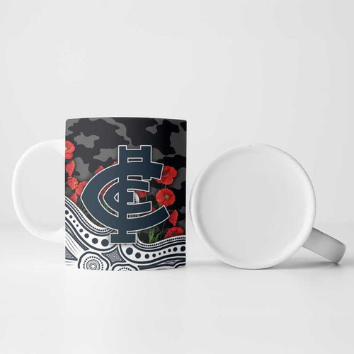 Carlton Blues ANZAC Day Ceramic Mug Indigenous Dot Art with Poppy Flower Tribute