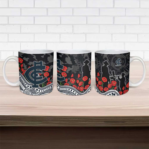 Carlton Blues ANZAC Day Ceramic Mug Indigenous Dot Art with Poppy Flower Tribute
