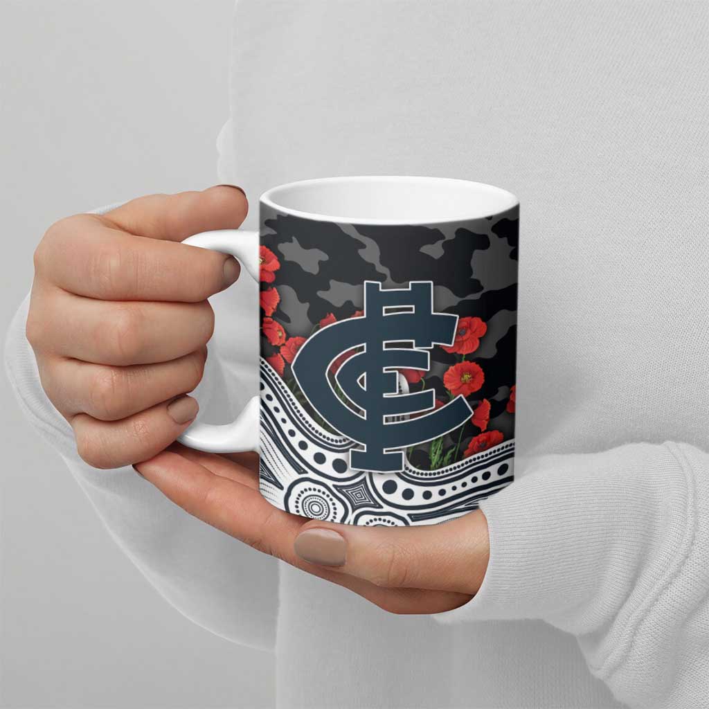 Carlton Blues ANZAC Day Ceramic Mug Indigenous Dot Art with Poppy Flower Tribute