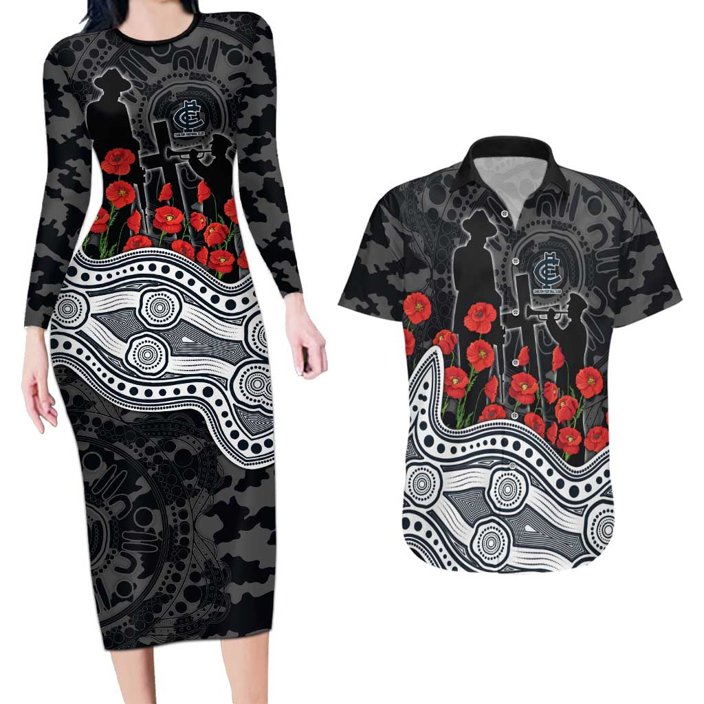 Carlton Blues ANZAC Day Couples Matching Long Sleeve Bodycon Dress and Hawaiian Shirt Indigenous Dot Art with Poppy Flower Tribute