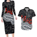 Carlton Blues ANZAC Day Couples Matching Long Sleeve Bodycon Dress and Hawaiian Shirt Indigenous Dot Art with Poppy Flower Tribute