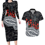 Carlton Blues ANZAC Day Couples Matching Long Sleeve Bodycon Dress and Hawaiian Shirt Indigenous Dot Art with Poppy Flower Tribute