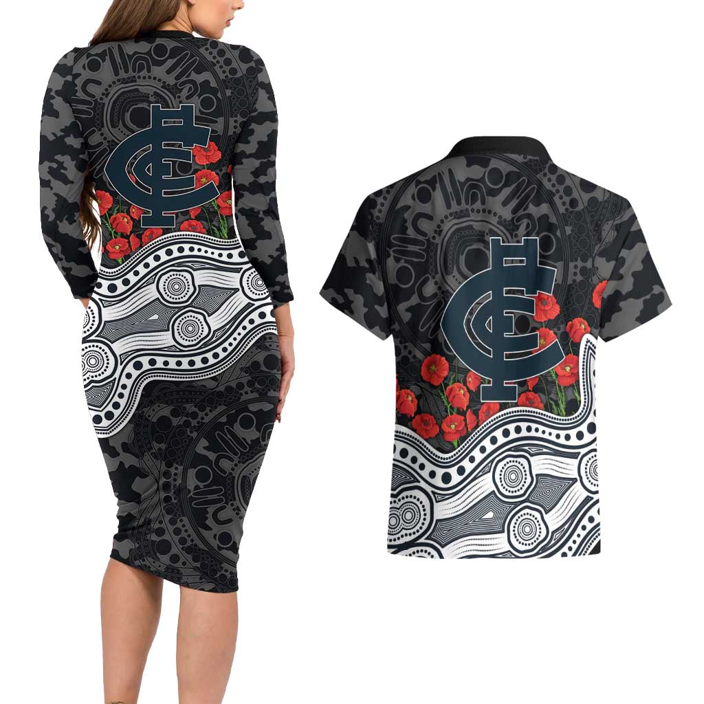 Carlton Blues ANZAC Day Couples Matching Long Sleeve Bodycon Dress and Hawaiian Shirt Indigenous Dot Art with Poppy Flower Tribute