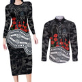Carlton Blues ANZAC Day Couples Matching Long Sleeve Bodycon Dress and Long Sleeve Button Shirt Indigenous Dot Art with Poppy Flower Tribute