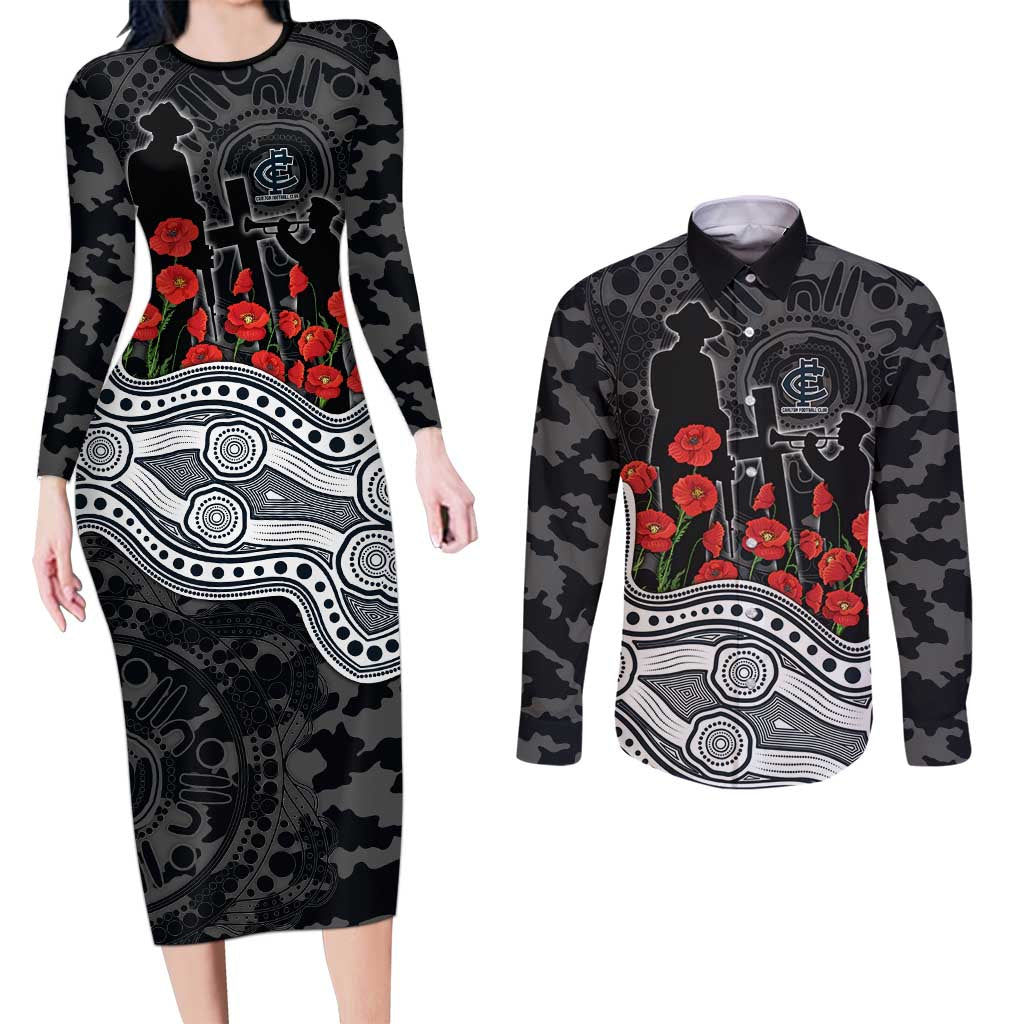 Carlton Blues ANZAC Day Couples Matching Long Sleeve Bodycon Dress and Long Sleeve Button Shirt Indigenous Dot Art with Poppy Flower Tribute