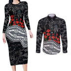Carlton Blues ANZAC Day Couples Matching Long Sleeve Bodycon Dress and Long Sleeve Button Shirt Indigenous Dot Art with Poppy Flower Tribute